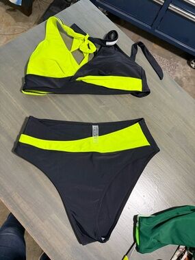 SHEIN Black & Neon Yellow High-Waist Two-Piece Bikini